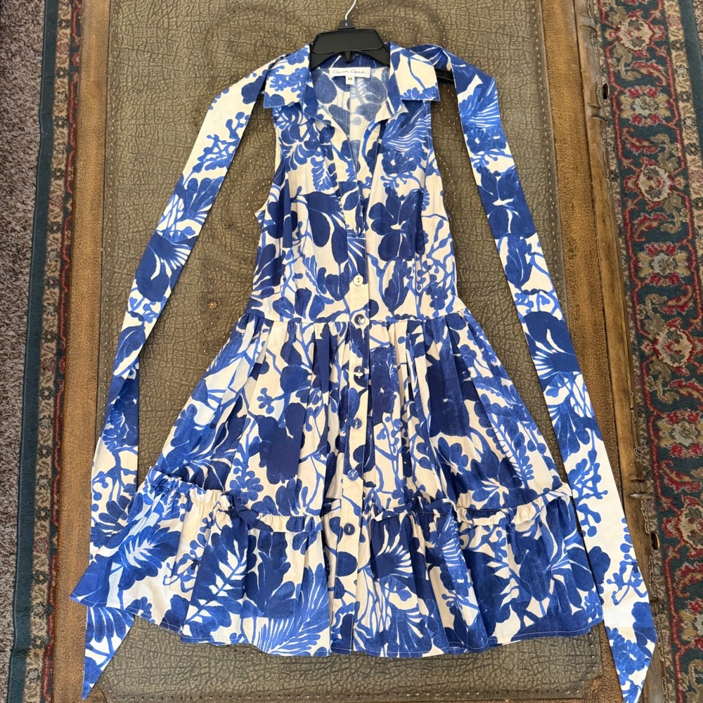 Cara Cara Blue White Floral Cotton Tiered Mini Shirtdress with Tie XS